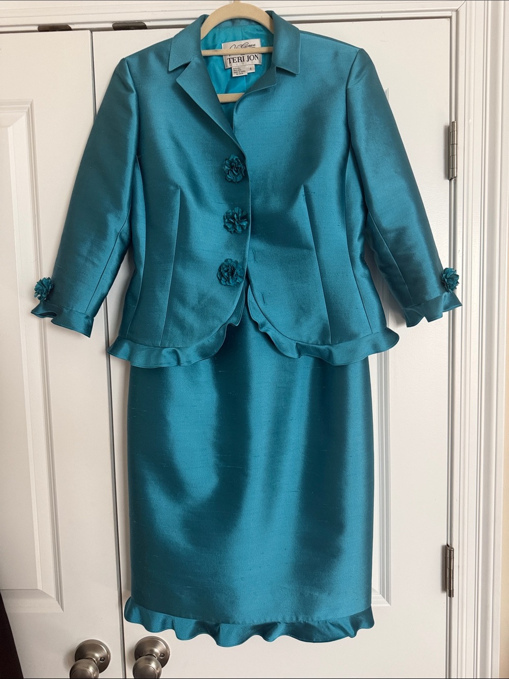 Rickie Freeman for Teri Jon Teal Satin Two-Piece Dress Suit with Ruffle Trim